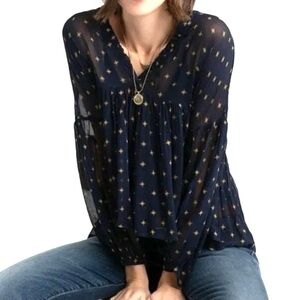 Lucky Brand Peasant Flowy Gold Star Long Sleeve Semi-Sheer Blue Top Women Size S